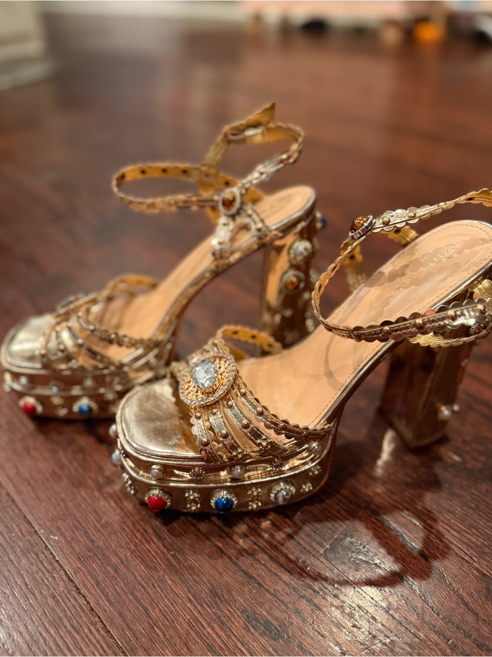 Gold Jeweled Platform Sandals with Ankle Strap